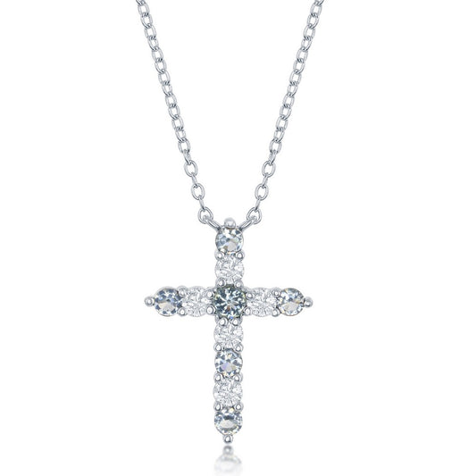 Sterling Silver, Aquamarine CZ 'March Birthstone' Cross Necklace