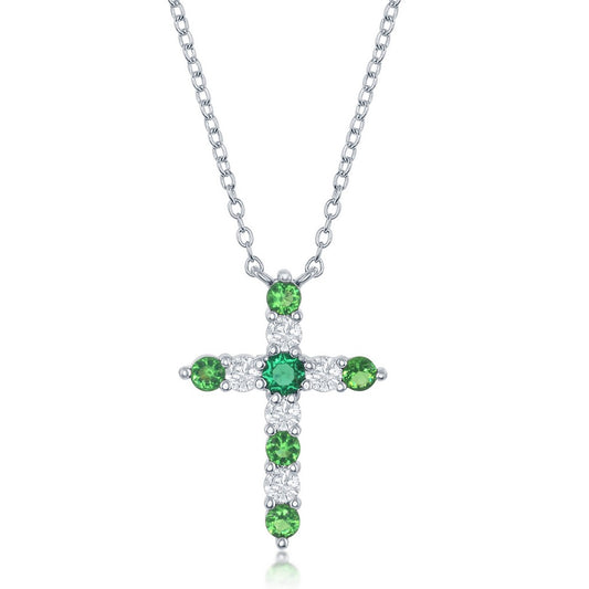 Sterling Silver, Emerald CZ 'May Birthstone' Cross Necklace