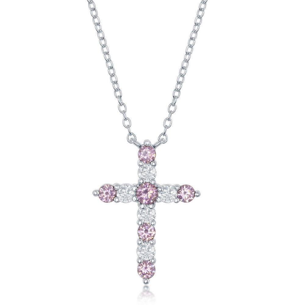 Sterling Silver, Pink CZ 'October Birthstone' Cross Necklace