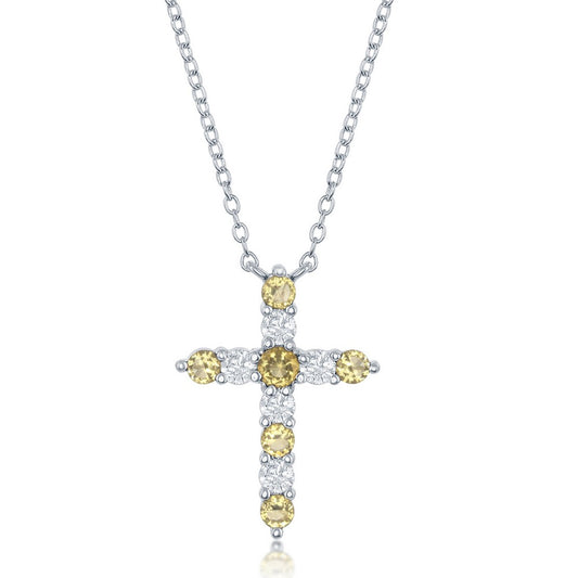 Sterling Silver, Citrine CZ 'November Birthstone' Cross Necklace