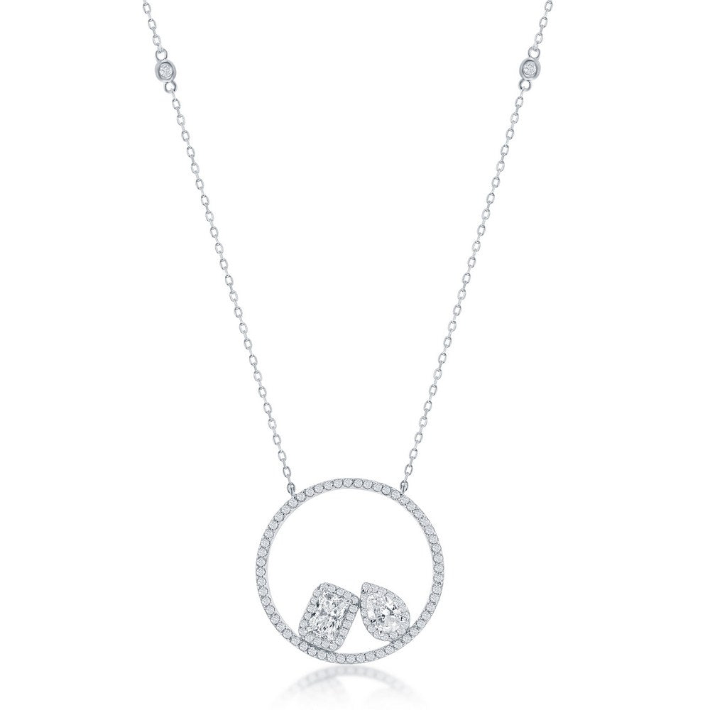 Sterling Silver Rectangle & Pearshaped CZ Circle Necklace