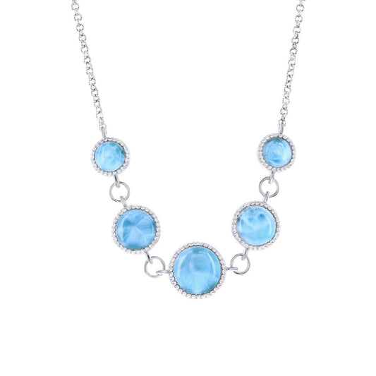 Sterling Silver, Graduating Round Beaded Larimar Linked Necklace