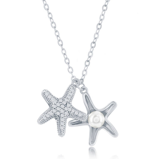 Sterling Silver, Double Starfish, FWP and CZ Necklace