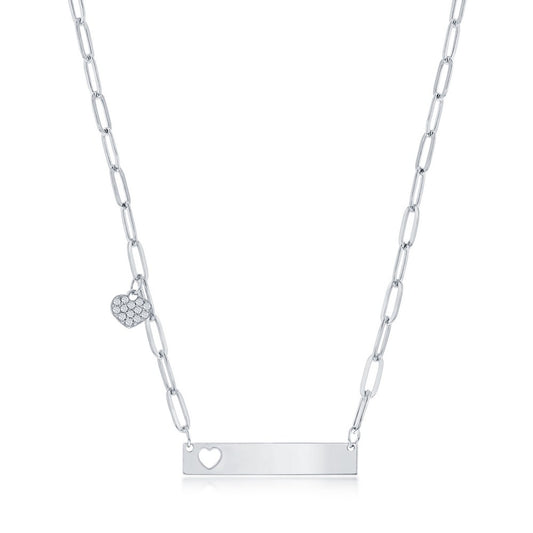 Sterling Silver, CZ Paperclip Bar Neckace - Heart Charm