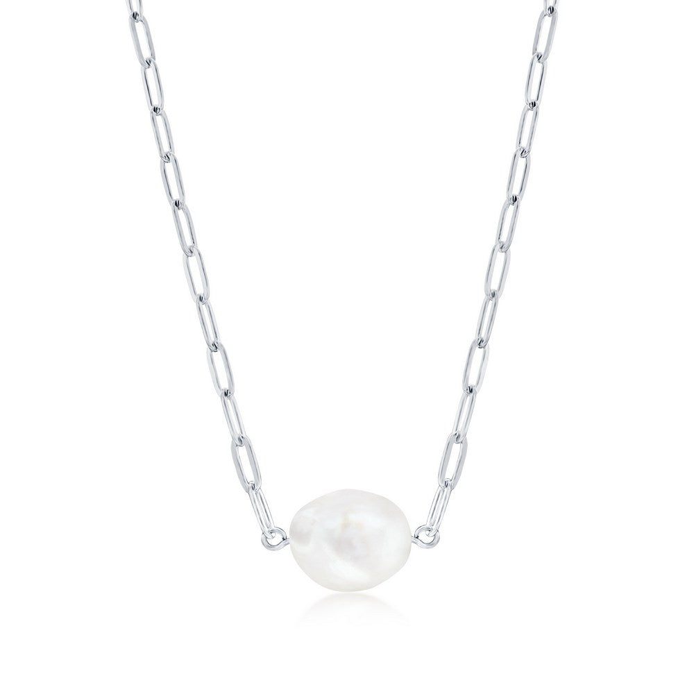 Sterling Silver, Freshwater Pearl Paperclip Necklace