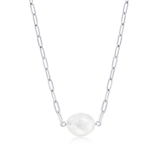Sterling Silver, Freshwater Pearl Paperclip Necklace