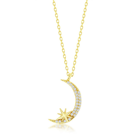 Sterling Silver, Crescent Moon & Star CZ Necklace - Gold Plated