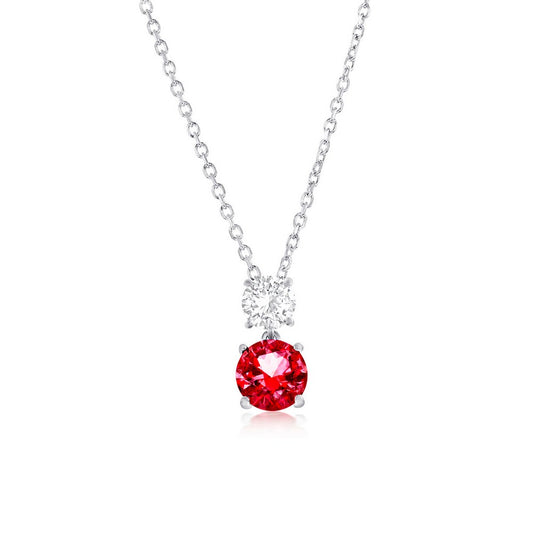 Sterling Silver, Double Round CZ Necklace - Ruby CZ