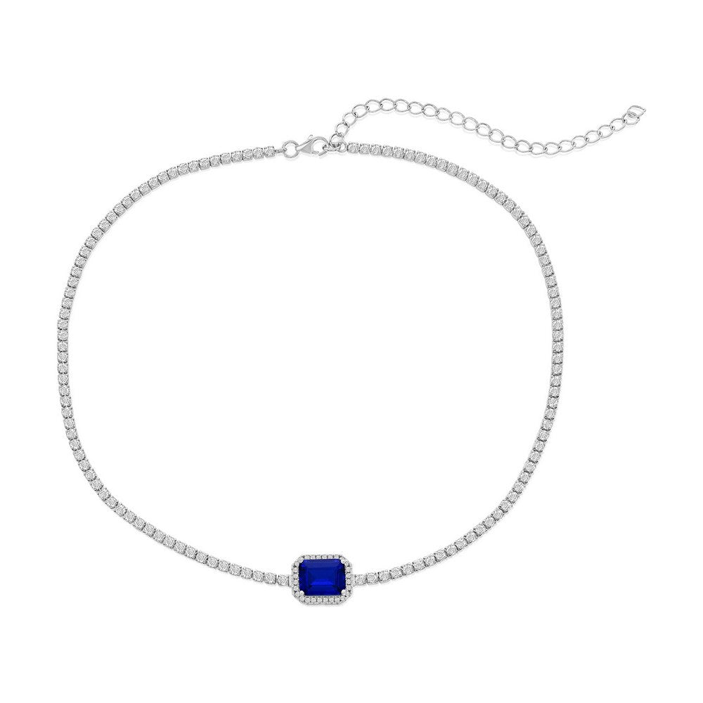 Sterling Silver Asscher-Cut Sapphire & CZ Tennis Choker