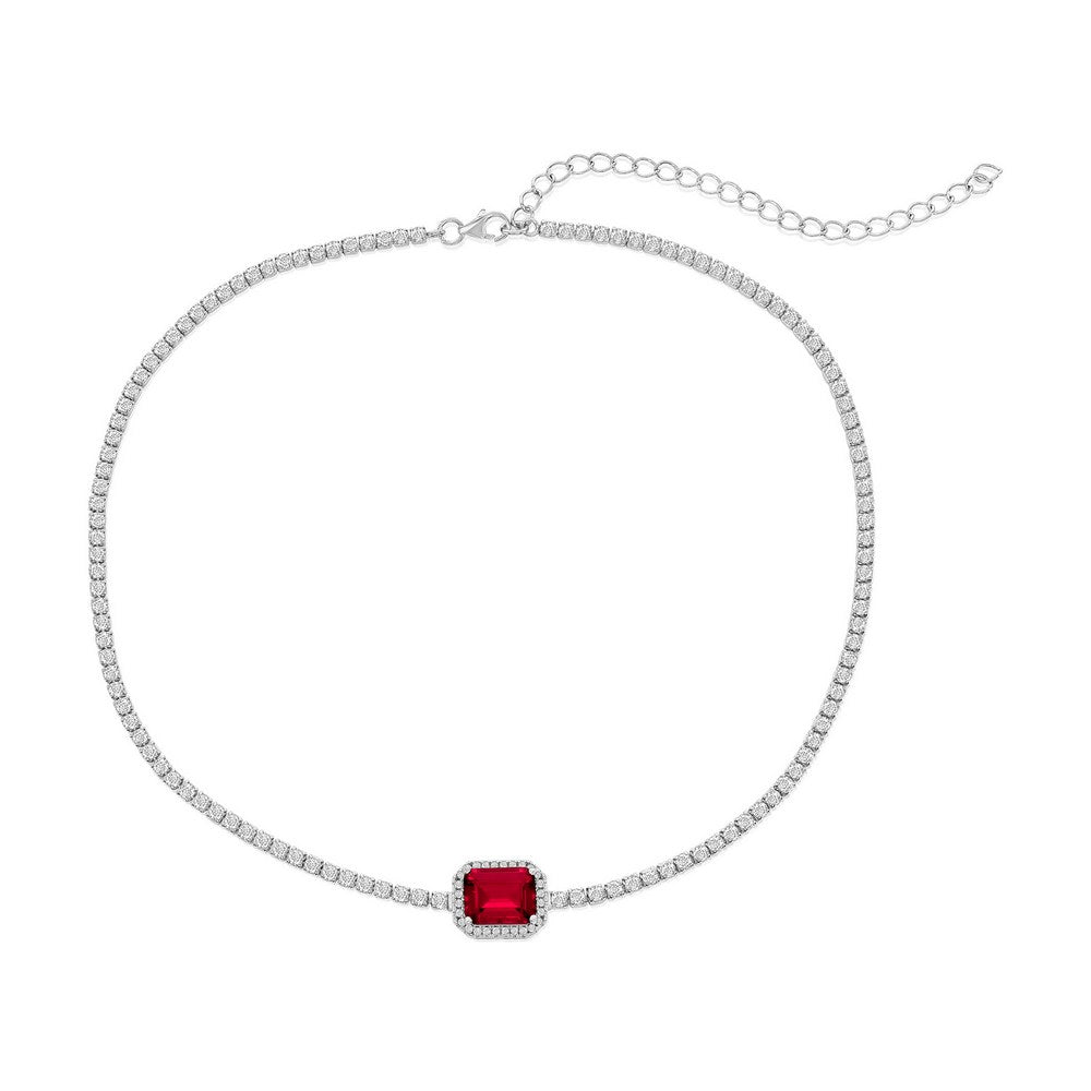 Sterling Silver Asscher-Cut Ruby & CZ Tennis Choker