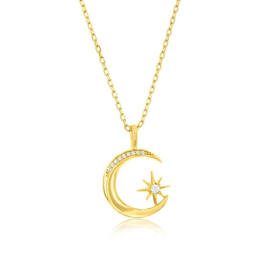 Sterling Silver, Crescent Moon & North Star CZ Necklace - Gold Plated