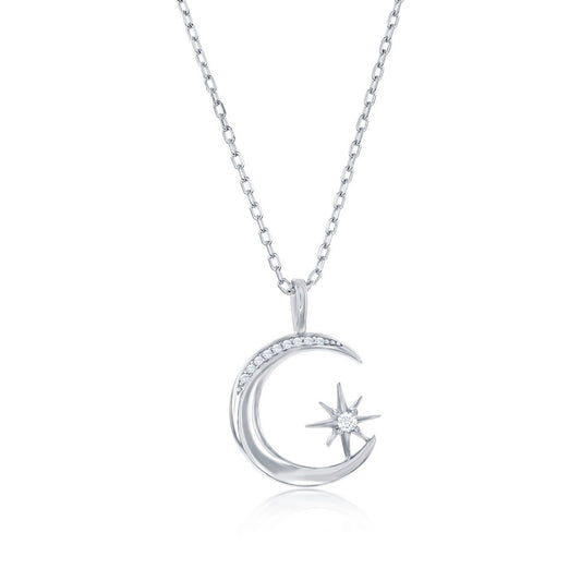 Sterling Silver, Crescent Moon & North Star CZ Necklace