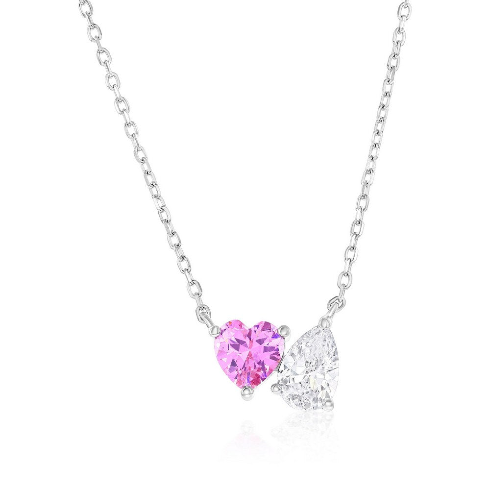 Sterling Silver Heart & Pearshaped CZ Necklace - Pink