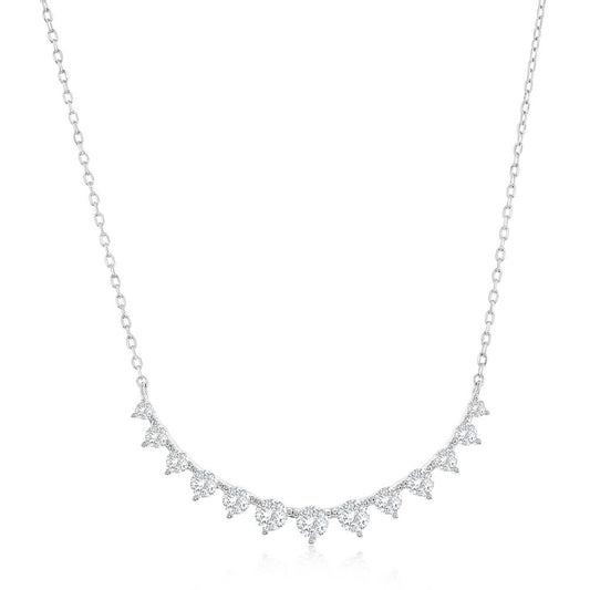 Sterling Silver, Graduating 3-Prong Curved Bar CZ Necklace