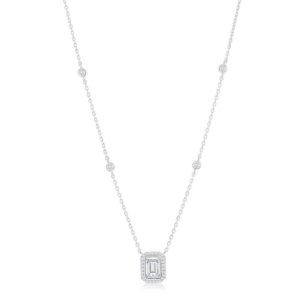 Sterling Silver Rectangle Baguette & Round Bezel-Set CZ Necklace