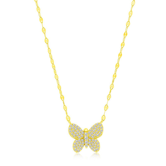 Sterling Silver, Butterfly Pave CZ Mirror Chain Necklace - Gold Plated