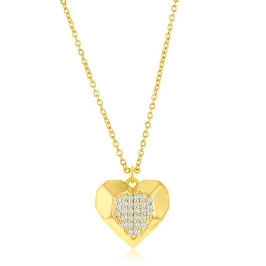 Sterling Silver, Center Pave CZ Heart Necklace - Gold Plated