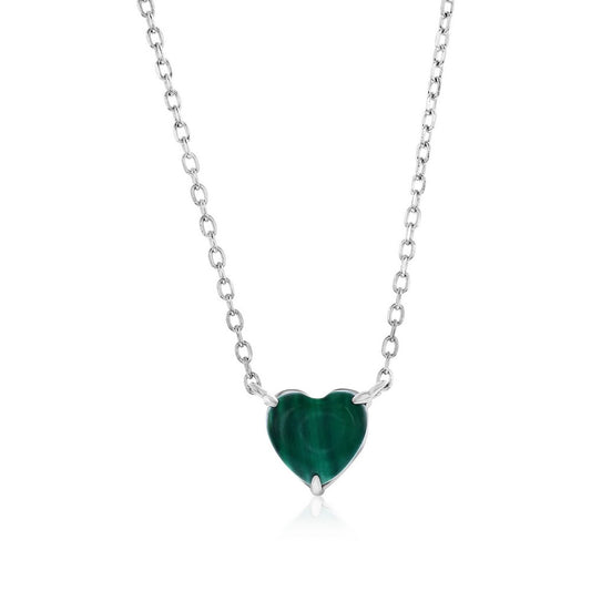 Sterling Silver, Heart Necklace - Malachite