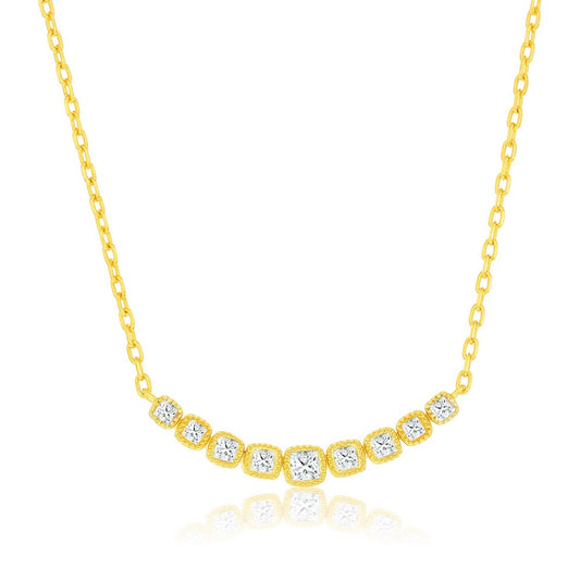 Sterling Silver, Graduating Square CZ Curved Bar Necklace - Gold Plated
