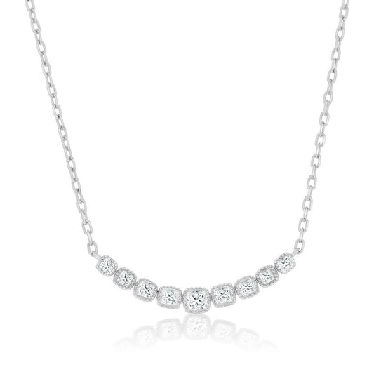 Sterling Silver, Graduating Square CZ Curved Bar Necklace