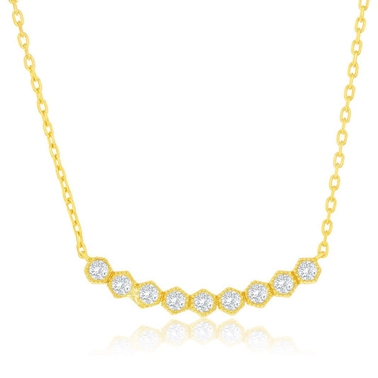Sterling Silver, Hexagon CZ Curved Bar Necklace - Gold Plated