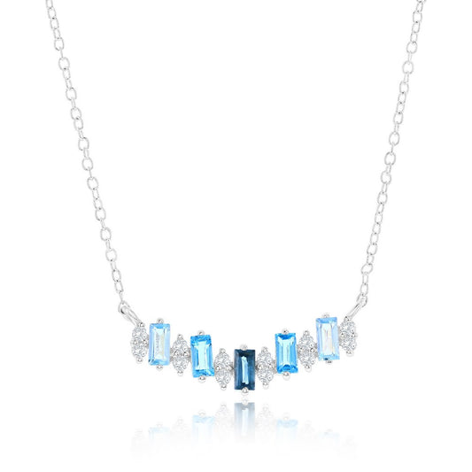 Sterling Silver, Blue-Topaz Baguette & White Topaz, Gem Bar Necklace