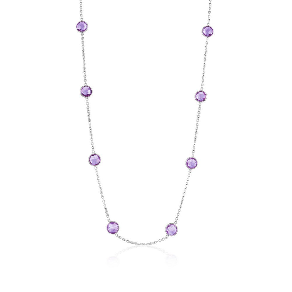 Sterling Silver, Bezel-Set 7mm Round Amethyst Station Necklace (9.17cttw)
