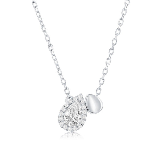 Sterling Silver, Double Pearshaped CZ & Polished Necklace