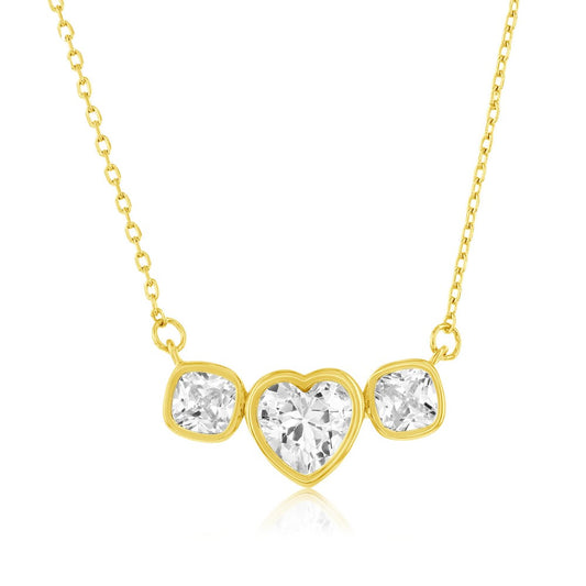 Sterling Silver, Heart & Square, Bezel-Set CZ Necklace - Gold Plated