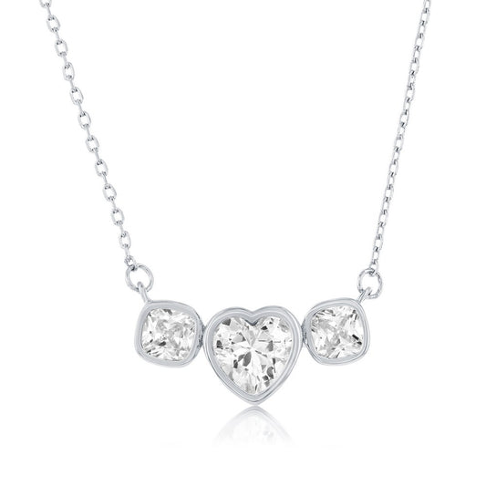 Sterling Silver, Heart & Square, Bezel-Set CZ Necklace