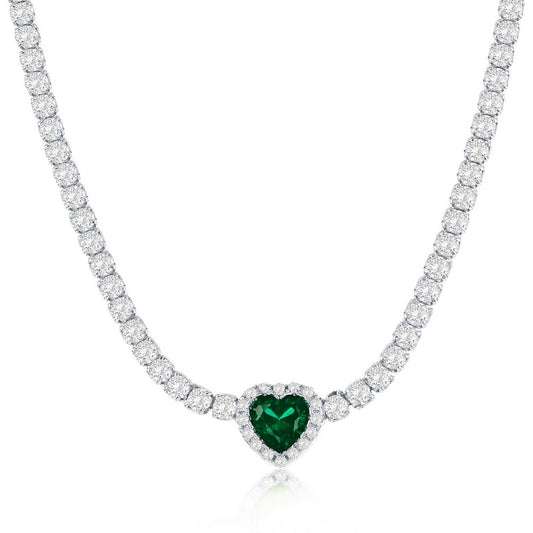 Sterling Silver, Heart CZ Tennis Necklace - Emerald