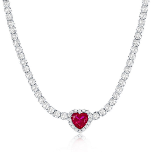 Sterling Silver, Heart CZ Tennis Necklace - Ruby