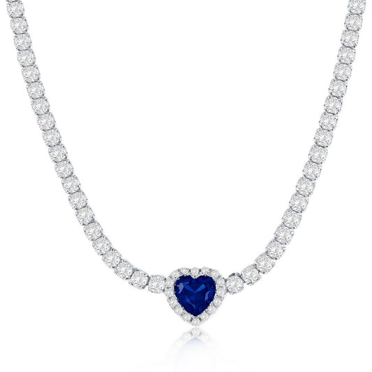 Sterling Silver, Heart CZ Tennis Necklace - Sapphire