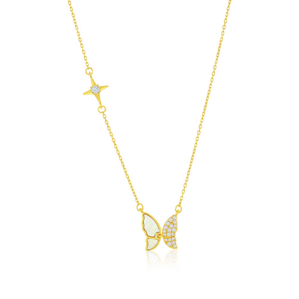 Sterling Silver, MOP & CZ Butterfly Necklace - Gold Plated