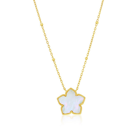 Sterling Silver, MOP & CZ Flower Necklace - Gold Plated