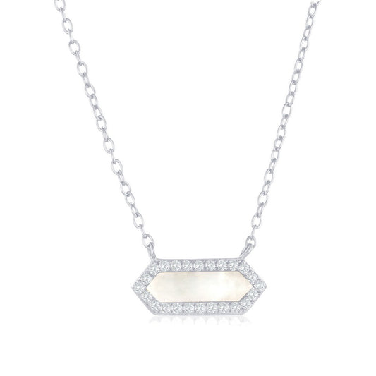 Sterling Silver, Hexagon MOP, CZ Border Necklace