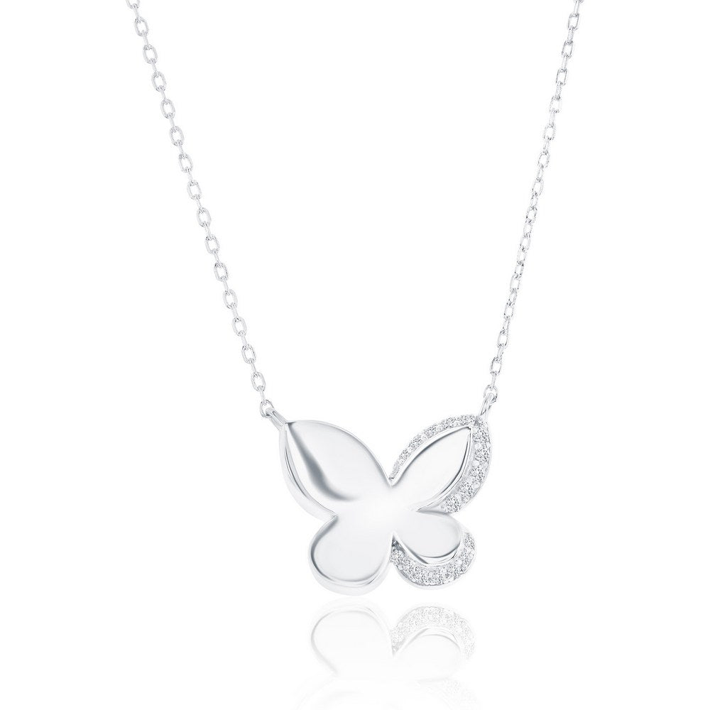 Sterling Silver, Polished & CZ Butterfly Necklace