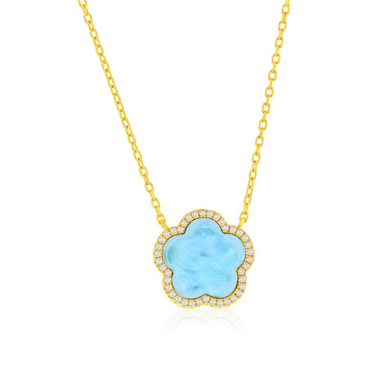 Sterling Silver, Flower Larimar CZ Outline Necklace - Gold Plated