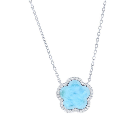 Sterling Silver, Flower Larimar CZ Outline Necklace