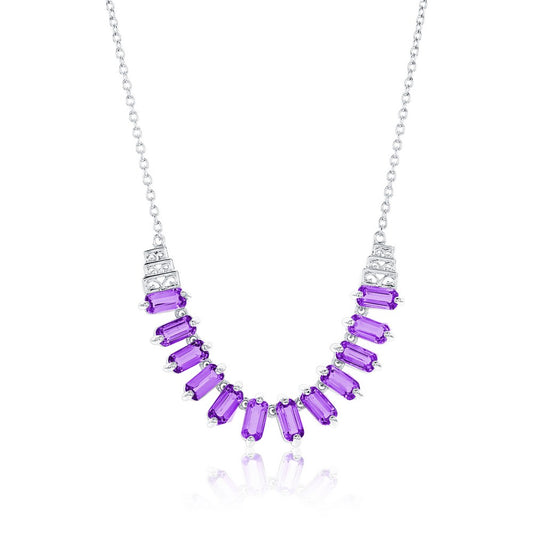 Sterling Silver, Baguette Designed Gem Necklace - Amethyst