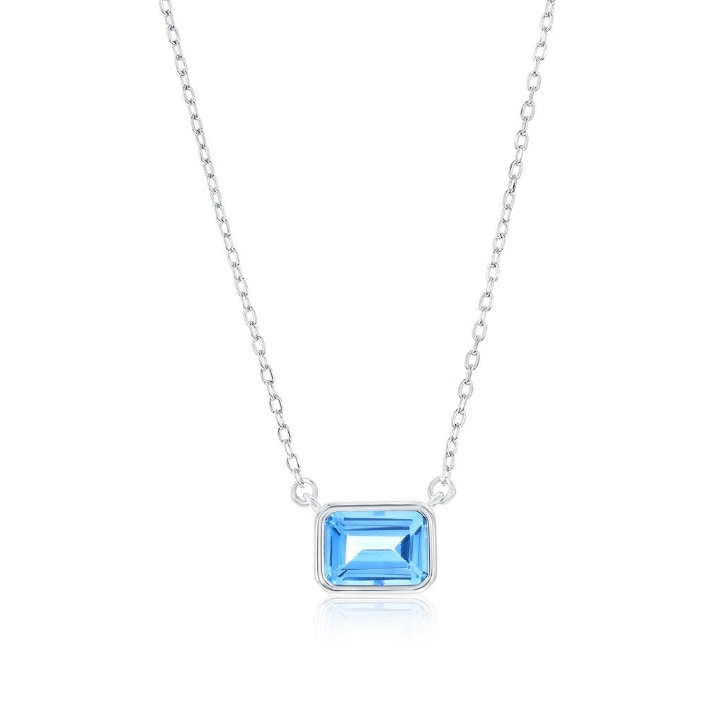 Sterling Silver, 'March' Birthstone Rectangle CZ Necklace - Aquamarine