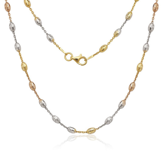 Sterling Silver, Diamond Cut Oval Moon Bead Chain - Tri Color