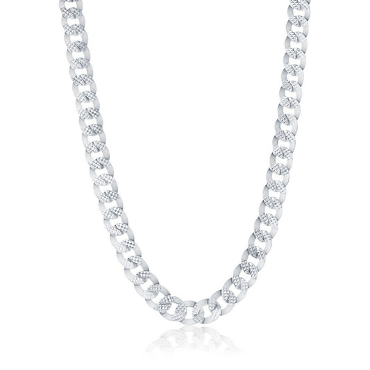 Sterling Silver, 7.5mm Textured & Polished Cuban Chain - Rhodium Plated