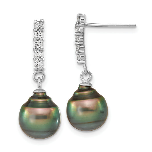 Sterling Silver RH 9-10mm Tahitian Saltwater Pearl CZ Ear & Neck Set