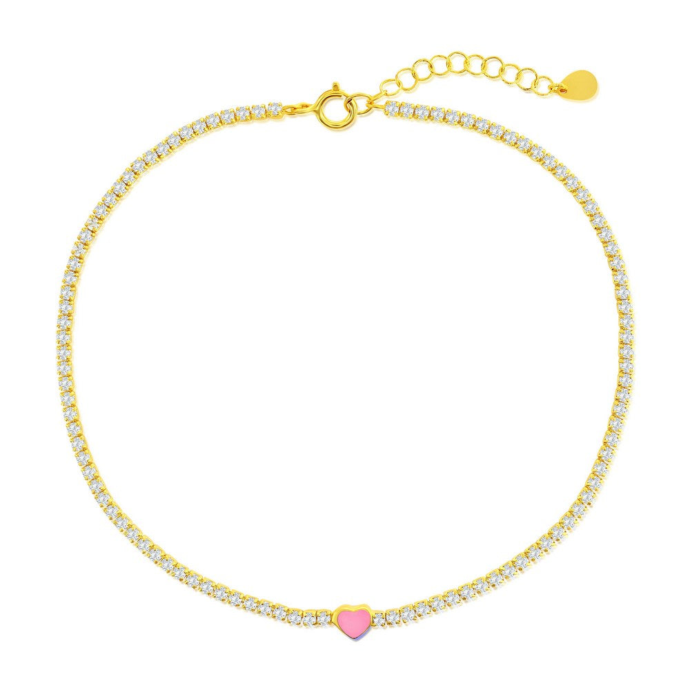 Sterling Silver, Enamel Heart, CZ Tennis Gold Plated Anklet - Pink