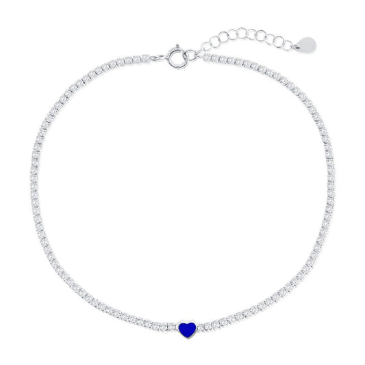 Sterling Silver, Enamel Heart, CZ Tennis Anklet - Blue