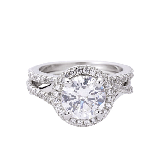 Stunning moissanite designer women's ring with a round center stone and halo of smaller stones