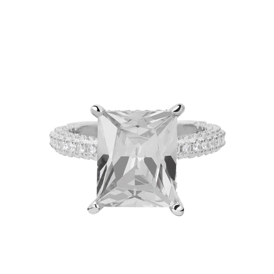 Elegant moissanite baguette engagement ring with sparkling accents for a timeless romance