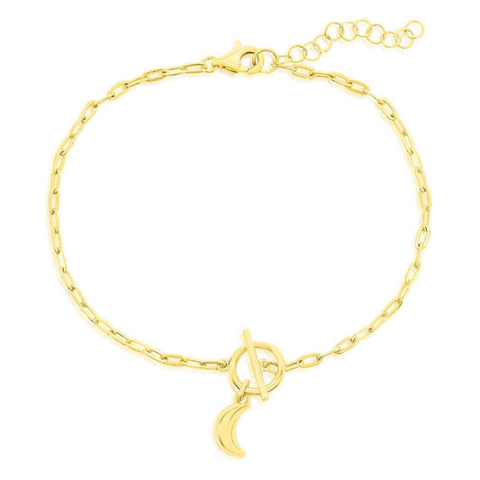 Sterling Silver, Crescent Moon Charm Paperclip Toggle Bracelet - Gold Plated