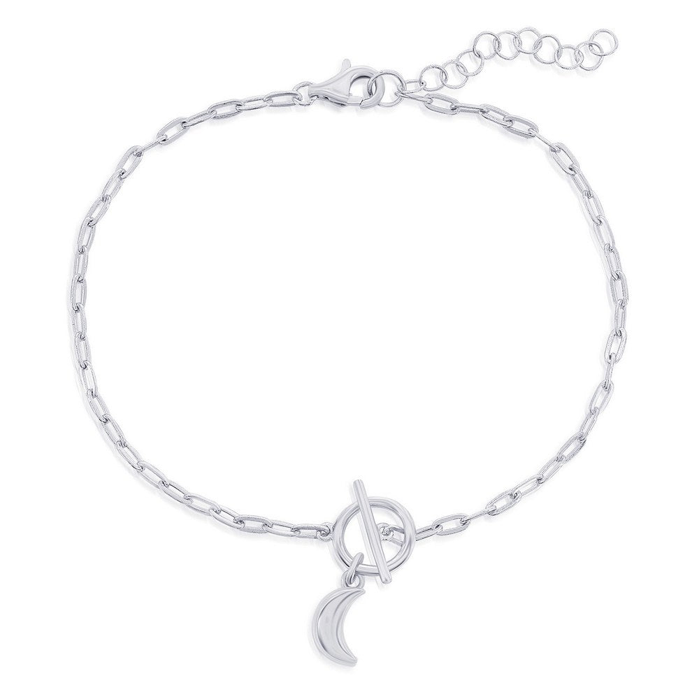 Sterling Silver, Crescent Moon Charm Paperclip Toggle Bracelet